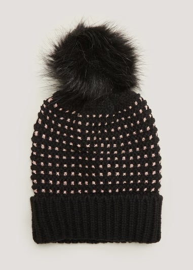 Black Waffle Metallic Beanie Hat