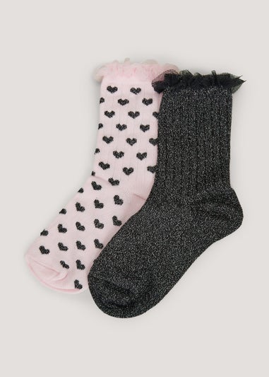 Girls 2 Pack Plain & Heart Frill Socks (Younger 6-Older 5.5)