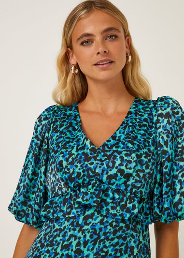 Be Beau Blue Leopard Print Ruffle Midi Dress
