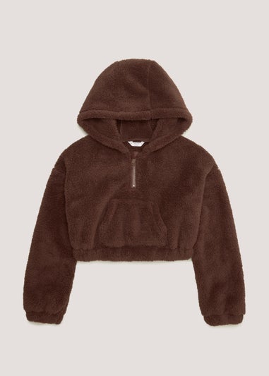 Girls Candy Couture Brown Borg Cropped Hoodie (9-16yrs)