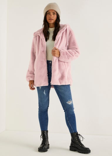 Pink Hooded Faux Fur Coat