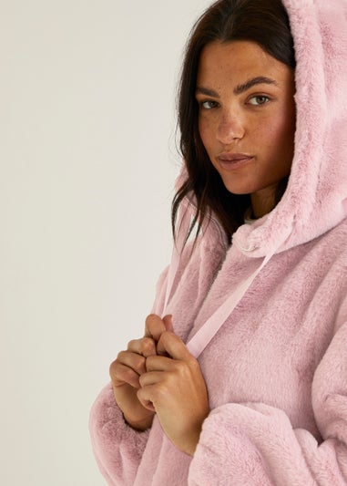 Pink Hooded Faux Fur Coat