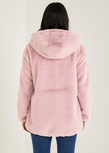 Pink Hooded Faux Fur Coat