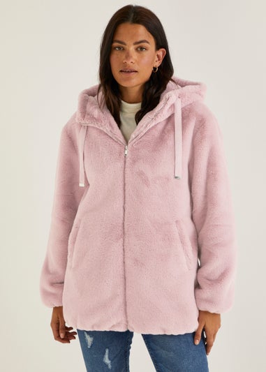 Pink Hooded Faux Fur Coat