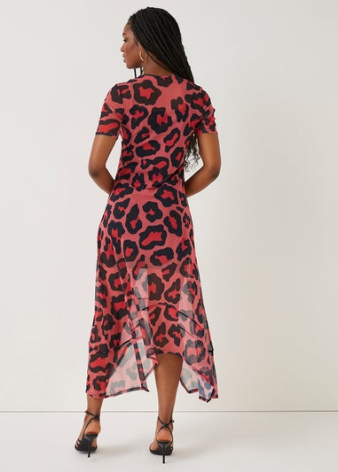 Be Beau Coral Animal Print Mesh Midi Dress