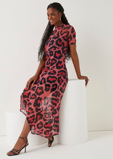 Be Beau Coral Animal Print Mesh Midi Dress