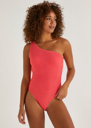 Coral Crinkle One Shoulder Swimsuit