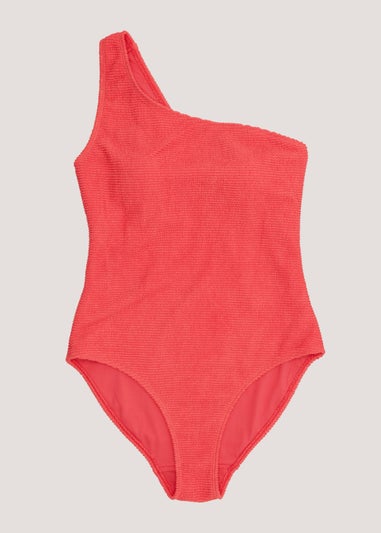 Coral Crinkle One Shoulder Swimsuit