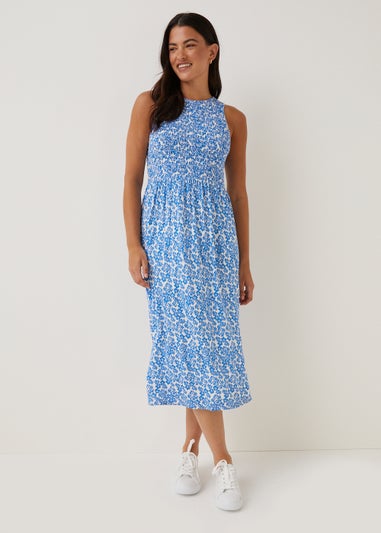 Blue Floral Shirred Midi Dress