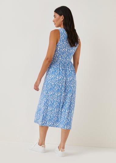 Blue Floral Shirred Midi Dress
