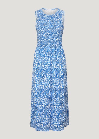Blue Floral Shirred Midi Dress