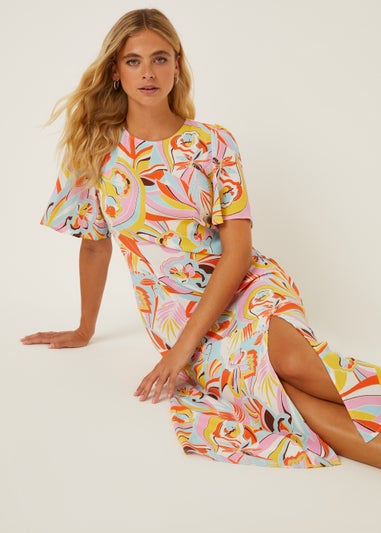 Be Beau Swirl Print Angel Sleeve Midi Dress