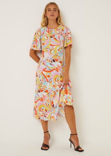 Be Beau Swirl Print Angel Sleeve Midi Dress