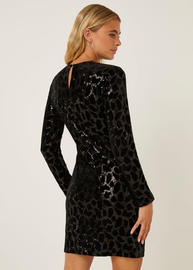 Be Beau Black Leopard Print Sequin Jersey Dress