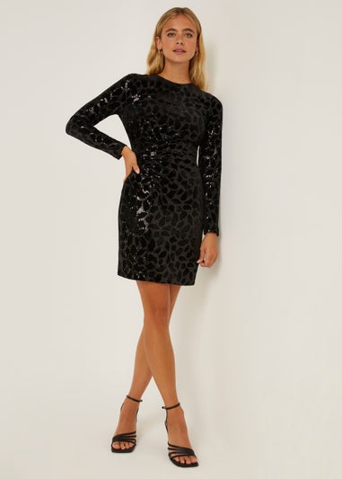 Be Beau Black Leopard Print Sequin Jersey Dress