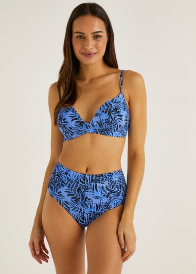 Blue Palm Print High Waisted Brazilian Bikini Bottoms