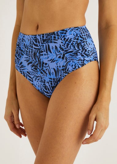 Blue Palm Print High Waisted Brazilian Bikini Bottoms