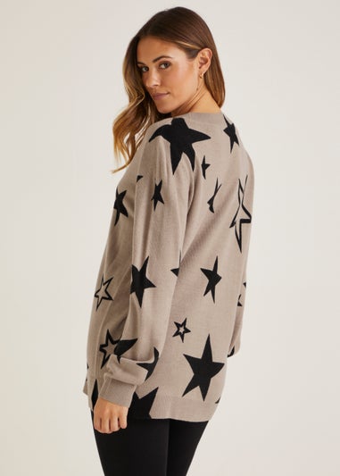 Beige Star Print Super Soft V-Neck Jumper