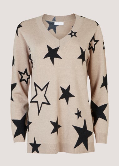 Beige Star Print Super Soft V-Neck Jumper