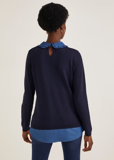 Navy 2 in 1 Chambray Collar Shirt Jumper