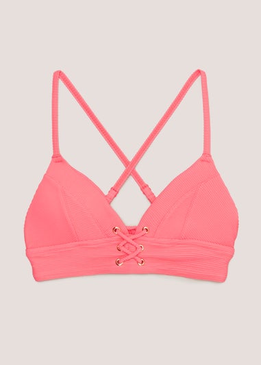 Coral Ribbed Lace Crinkle Bikini Top