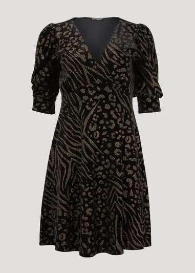 Black Velvet Animal Print Mini Dress Matalan