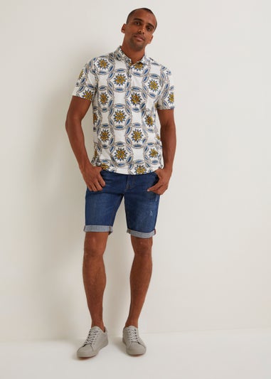 White Tribal Tile Print Polo Shirt