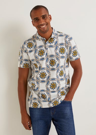 White Tribal Tile Print Polo Shirt