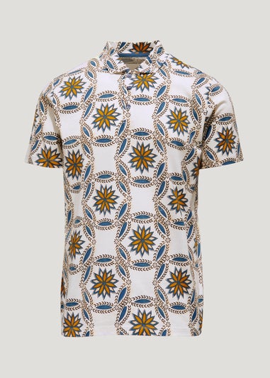 White Tribal Tile Print Polo Shirt