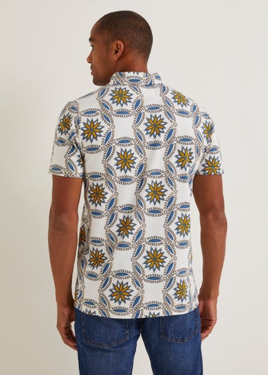 White Tribal Tile Print Polo Shirt