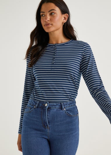 Navy Stripe Long Sleeve Ribbed Henley Top