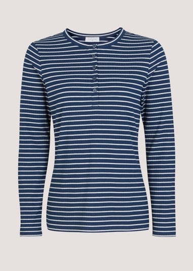 Navy Stripe Long Sleeve Ribbed Henley Top