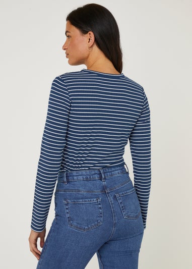 Navy Stripe Long Sleeve Ribbed Henley Top
