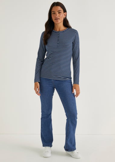 Navy Stripe Long Sleeve Ribbed Henley Top
