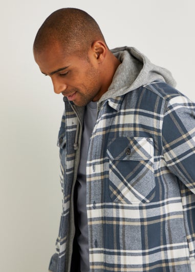 Blue Check Quilted Hoodie Shirt - Matalan
