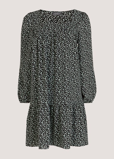 Black Ditsy Floral Square Neck Bubble Mini Dress - Matalan