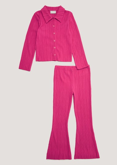 Girls Pink Plisse Shirt & Flared Leggings Set (4-13yrs)