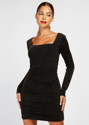 Girls on Film Black Sparkle Ruched Mini Dress