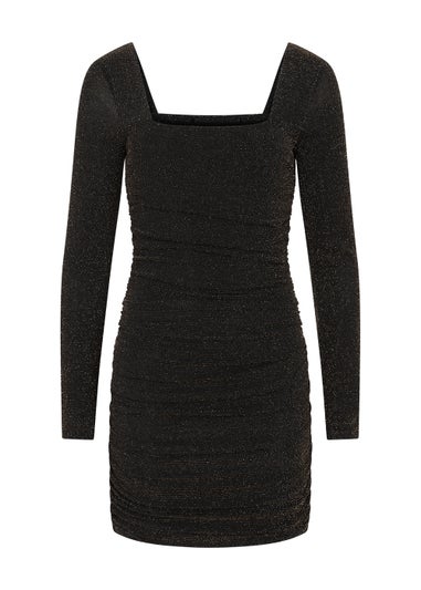 Girls on Film Black Sparkle Ruched Mini Dress