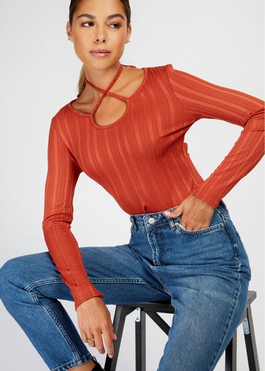 Girls on Film Rust Ribbed Crossover Top