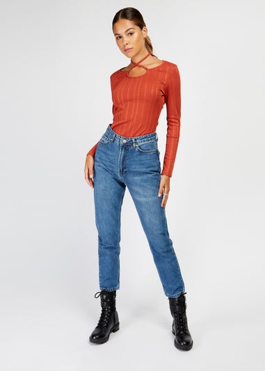 Girls on Film Rust Ribbed Crossover Top