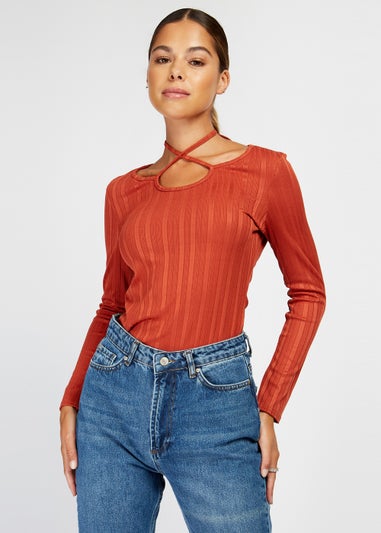 Girls on Film Rust Ribbed Crossover Top