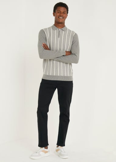 Grey & White Stripe Long Sleeve Polo Shirt