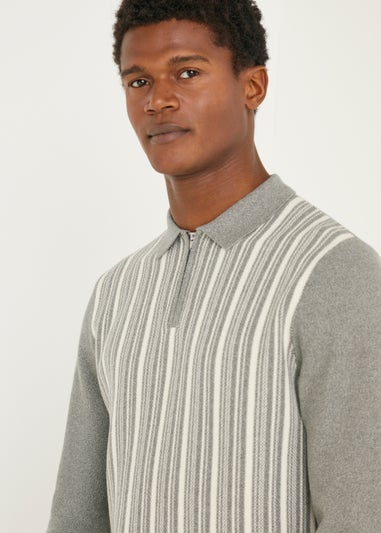 Grey & White Stripe Long Sleeve Polo Shirt