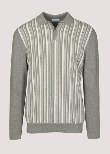 Grey & White Stripe Long Sleeve Polo Shirt