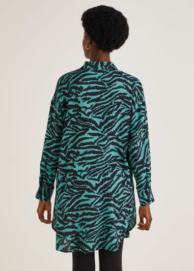 Blue Animal Print Longline Long Sleeve Shirt