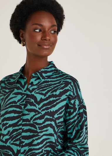 Blue Animal Print Longline Long Sleeve Shirt