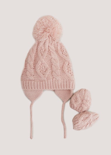 Pink Trapper Hat & Mittens Baby Set (Newborn-24mths)