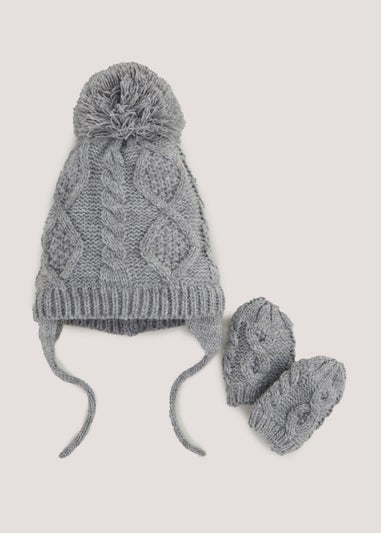Grey Baby Trapper Hat & Mittens Set (Newborn-24mths)