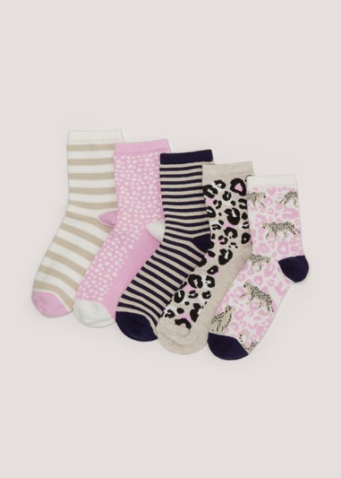 5 Pack Stripe & Animal Print Ankle Socks